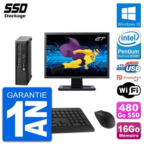Mini PC HP 800 G1 USDT Ecran 27" Intel G3220 RAM 16Go SSD 480Go Windows 10 Wifi