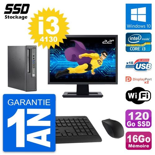 Mini PC HP 800 G1 USDT Ecran 22" Core i3-4130 RAM 16Go SSD 120Go Windows 10 Wifi