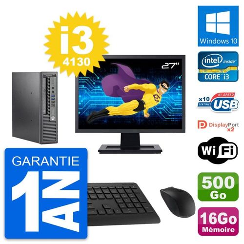 Mini PC HP 800 G1 USDT Ecran 27" i3-4130 RAM 16Go Disque 500Go Windows 10 Wifi
