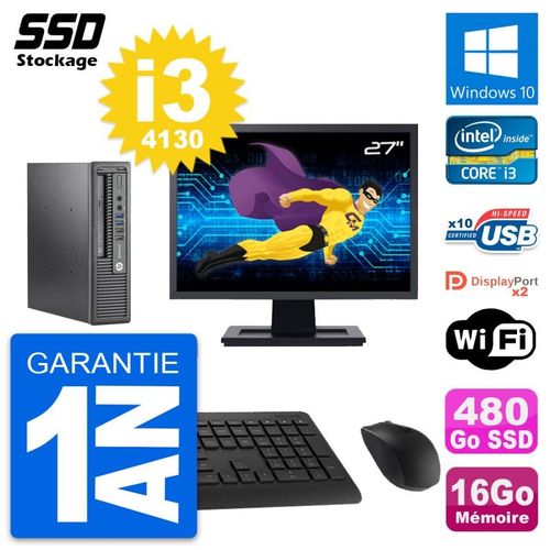 Mini PC HP 800 G1 USDT Ecran 27" Core i3-4130 RAM 16Go SSD 480Go Windows 10 Wifi