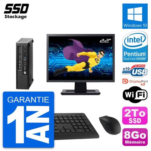 Mini PC HP EliteDesk 800 G1 USDT Ecran 22" G3220 RAM 8Go SSD 2To Windows 10 Wifi