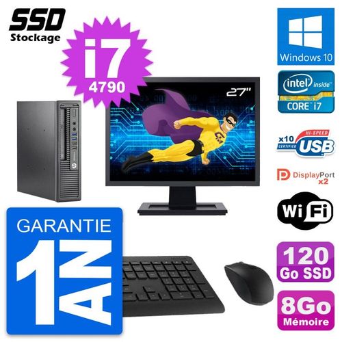 Mini PC HP 800 G1 USDT Ecran 27" Intel i7-4790 RAM 8Go SSD 120Go Windows 10 Wifi