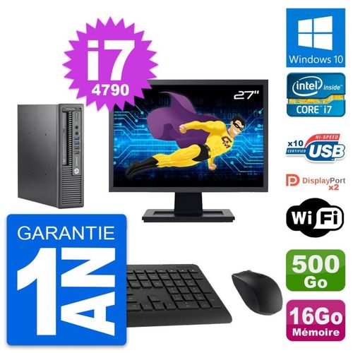 Mini PC HP 800 G1 USDT Ecran 27" i7-4790 RAM 16Go Disque 500Go Windows 10 Wifi