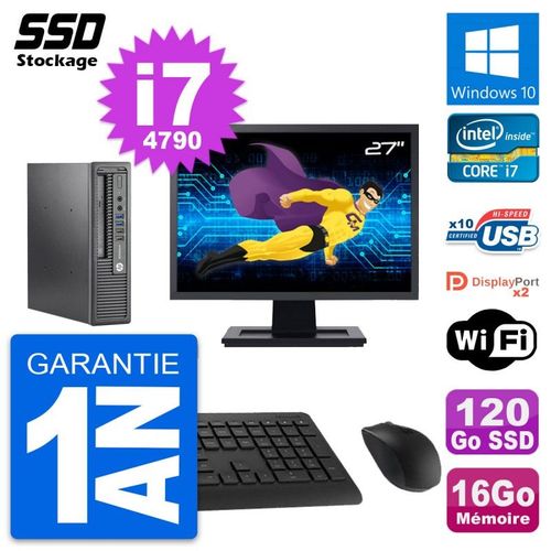 Mini PC HP 800 G1 USDT Ecran 27" Core i7-4790 RAM 16Go SSD 120Go Windows 10 Wifi