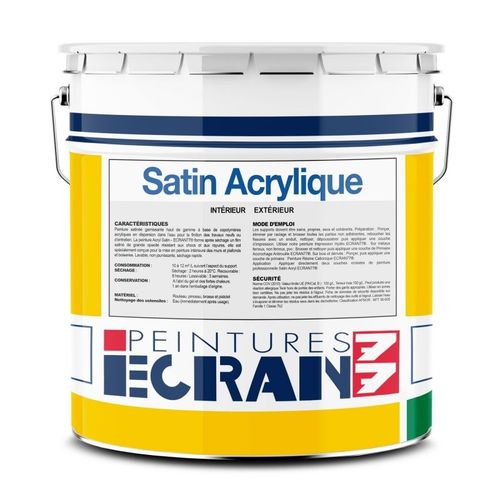 Peinture professionnelle satin, murs et plafonds, intérieur, extérieur, résine acrylique - Satin Acrylique ECRAN 77 1 litre Blanc