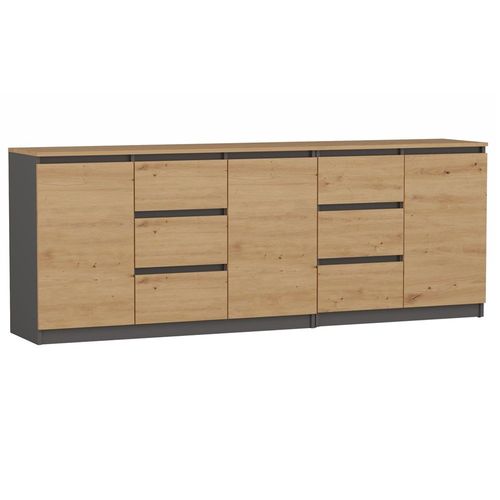 Costi - Buffet Long 3 Portes + 6 Tiroirs - 200x40x75 Cm - Meuble De Rangemnt Salon Salle À Manger - Gris&aspect Bois