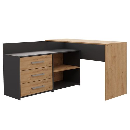 Moline - Bureau D'angle Avec Rangement - 3 Tiroirs + 2 Etagères - 120x50x76 Cm - Bureau D'ordinateur - Gris&aspect Bois