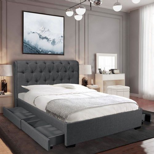 Lit Chelsea 140x190 + 4 Tiroirs + Sommier / Gris Foncé/ 208x155x116 Cm
