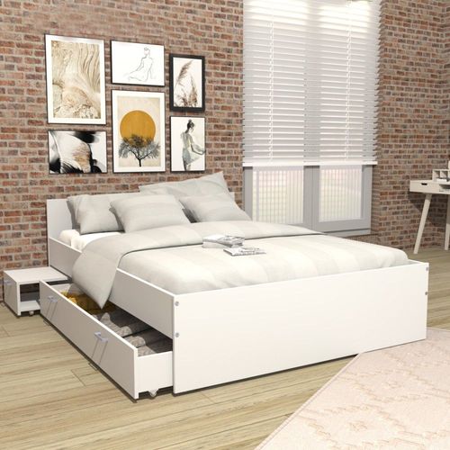 Lit Twist 160x200 + 1 Chevet + 1 Tiroir / Blanc/ 204x164x65 Cm