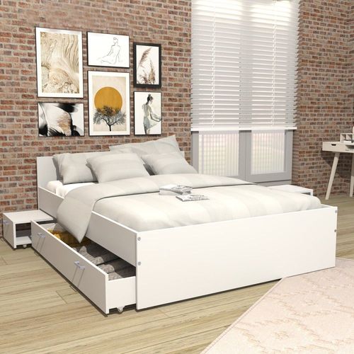 Lit Twist 140x190 + 2 Chevets + 1 Tiroir / Blanc/ 194x144x65 Cm