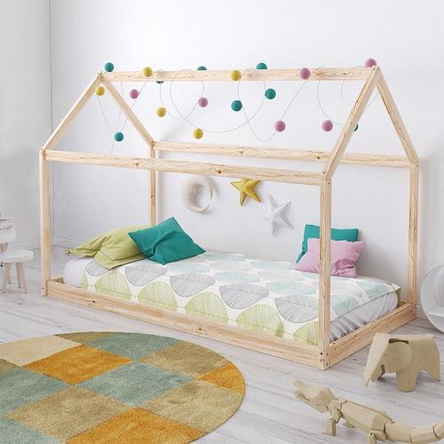 Lit Cabane Panda 90x190 + 1 Sommier + Matelas Iris / Naturel/ 195x134x97 Cm