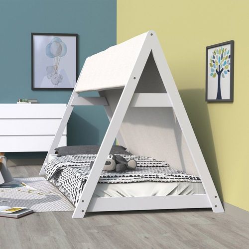 Lit Cabane Tipi 90x190 + 1 Toile + 1 Sommier / Blanc/ 200x104x131