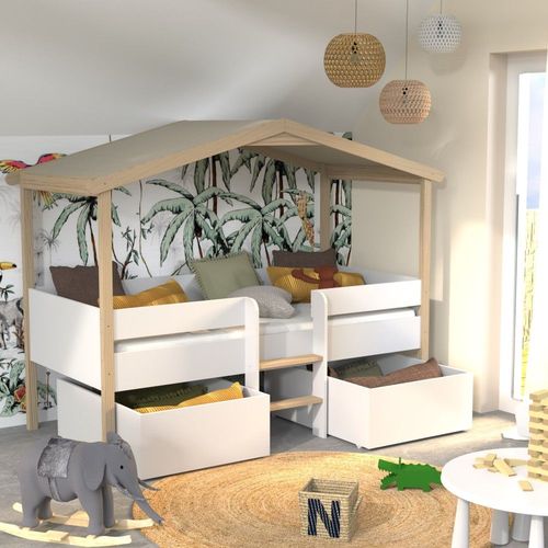Lit Cabane Piloti 90x200+ 2 Tiroirs + 1sommier / Blanc Et Naturel/ 224x107x166