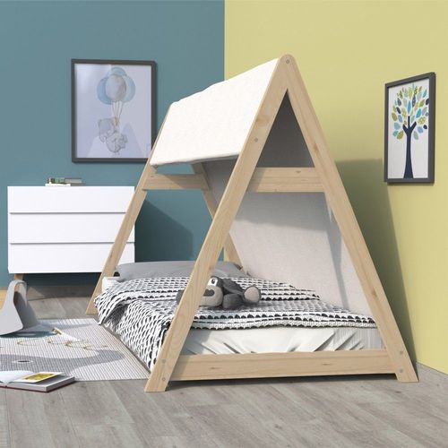 Lit Cabane Tipi 90x190 + 1 Toile + 1 Sommier / Brut/ 200x104x131 Cm