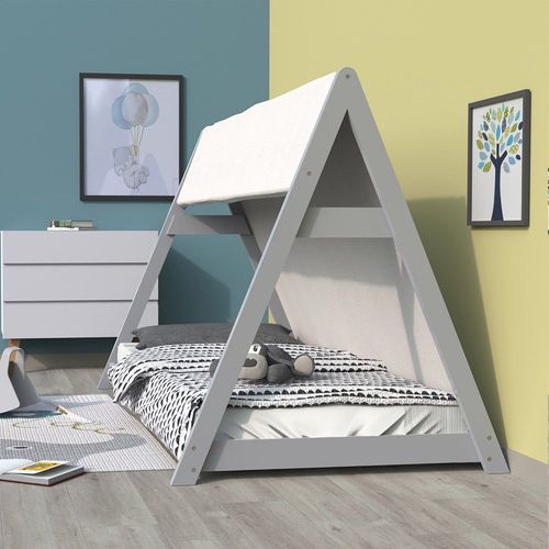 Lit Cabane Tipi 90x190 + 1 Toile + 1 Sommier / Gris/ 200x104x131
