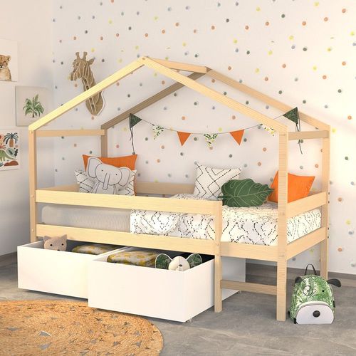 Lit Cabane Mika 90x190 + Sommier +2 Tiroirs + Matelas Iris / Naturel & Blanc/ 199x95x165