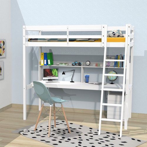 Lit Mezzanine Studio 90x190 + 1 Sommier + Caisson 3 Tiroirs + Bureau + Étagère / Blanc/ 201x147x191 Cm