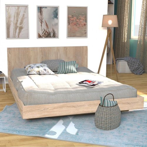 Lit Loft 140x190 + 1 Sommier + Tête De Lit / Chêne Blanchi/ 192x143x75 Cm