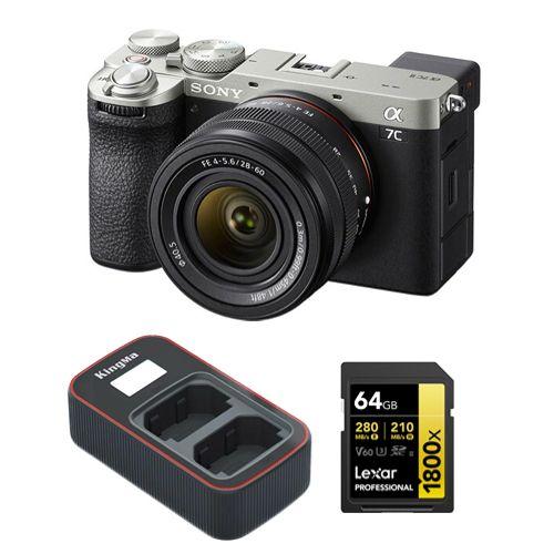 Sony A7C II (28-60mm) Argent Kit+Lexar 64Go Carte mémoire Professional 1800x UHS-II SDXC+Kingma Sony NP-FZ100 LCD Double chargeur USB