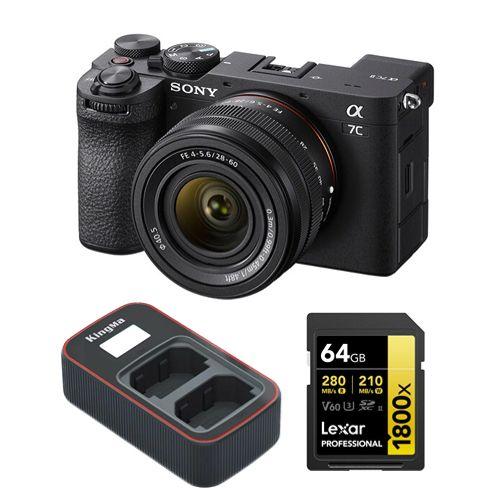 Sony A7C II (28-60mm) noir Kit+Lexar 64Go carte mémoire professionnelle 1800x UHS-II SDXC+Kingma Sony NP-FZ100 LCD double USB chargeur