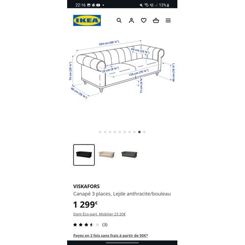 Canapé Ikea Viskafors 3 Place Neuf Couleur Lejde Anthracite/Bouleau