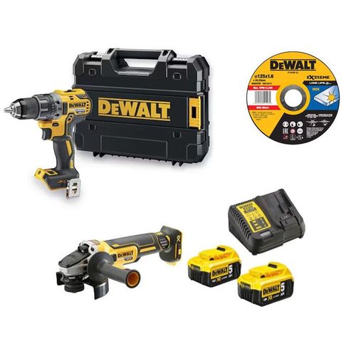 Pack 2 outils 18V XR (DCD791/DCG405) + 25 disques à tronçonner (DT43906) + 2 batteries 5.0Ah + chargeur + TSTAK - DEWALT - DCK2020P2T/DT43906