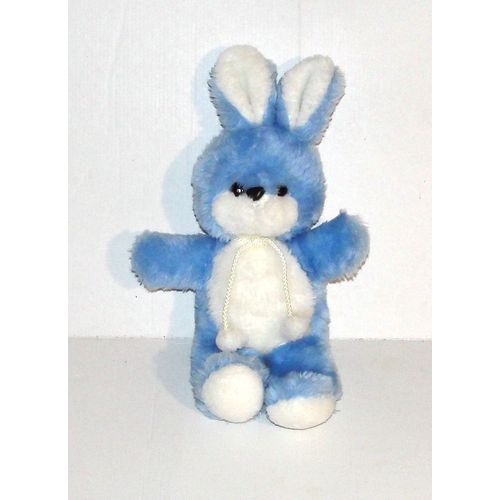 Doudou Lapin Bleu Blanc Pompon Ajena Nounours Peluche 31 Cm