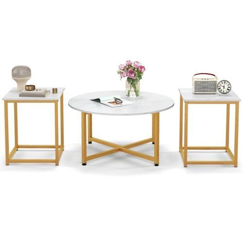Costway Ensemble De Tables Basses 3 Pièces, Dont 1 Ronde&2 Carées, Cadre En Métal Robuste, Charge Max. 200 Kg, Moderne, Blanc Et Or