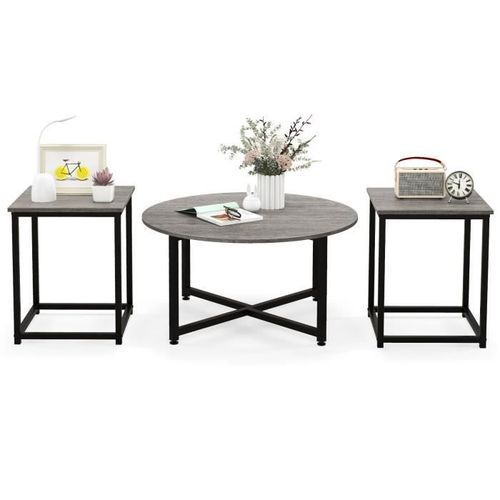 Ensemble De Tables Basses 3 Pièces - Costway - Moderne - Gris Et Noir