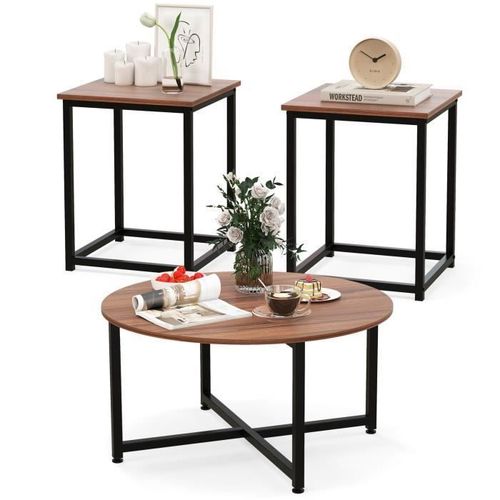 Costway Ensemble De Tables Basses 3 Pièces, Dont 1 Ronde&2 Carées, Cadre En Métal Robuste, Charge Max.200 Kg, Moderne, Noyer Et Noir