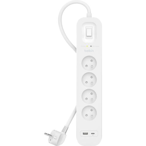 Belkin Connect - Multiprise parafoudre 4 prises avec ports USB-C et USB-A - Protection contre les surtensions - 2 m