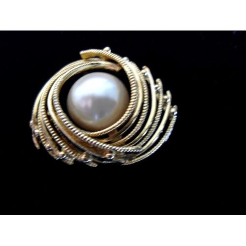 Broche Neuve En Métal Doré Et Perle Avec Fermoir De Sécurité