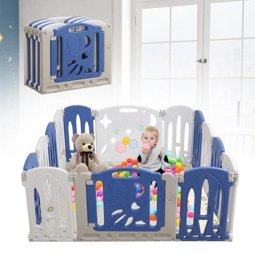 Aufun Parc Bébé Parc Pliable Avec Porte Et Planche À Jouets, 14+2 Panneaux Bleu+Blanc Barrière Bébé, Crawling Gate Plastique