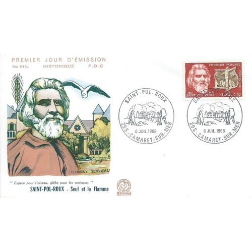 France 1968, Belle Enveloppe 1er Jour Fdc 644a, Timbre Yvert 1552, Saint Pol Roux, Poête Symboliste, Cachet De Camaret - Finistère, Tbe.