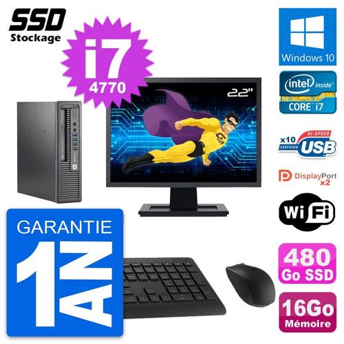 Mini PC HP 800 G1 USDT Ecran 22" Core i7-4770 RAM 16Go SSD 480Go Windows 10 Wifi