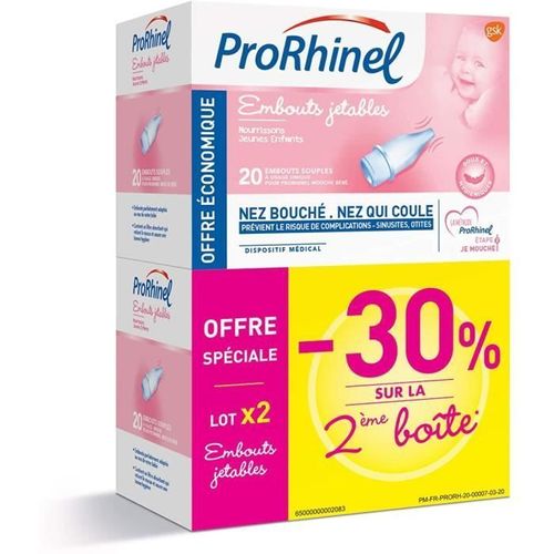 Prorhinel Embouts Jetables Mouche Bébé X20, Embouts Souples, Pour Nez Bouché Et Qui Coule, Doux Hygiénique, Lot De 2x2011