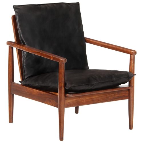 Vidaxl Fauteuil Noir Cuir Véritable Et Bois D'acacia Solide