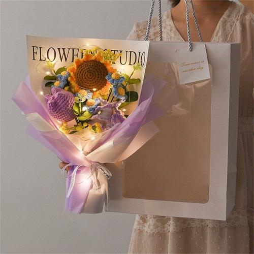 Bouquet de fleurs au crochet, fleurs artificielles tricotées à la main, fausses fleurs, Bouquet de laine de tournesol violet avec perles de lampe