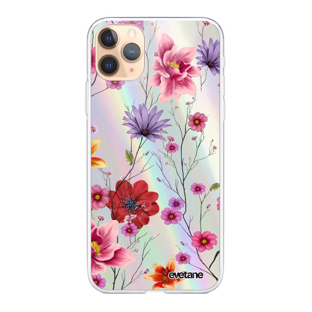 Coque Iphone 11 Pro Silicone Fond Holographique Fleurs Multicolores Design Evetane