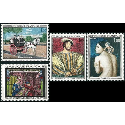 France 1967, Très Belle Série Complète Neuve** Luxe Tableaux, 1517 Rousseau - Le Douanier, 1518 Portrait De François 1er, 1530 Ingres - La Baigneuse, 1531 Vitrail Église Sainte Madeleine De Troyes.