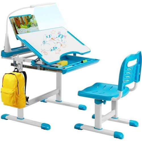 Costway Ensemble Bureau Et Chaise Pour Enfants Avec Éclairage Led, Plateau Incliné Et Tiroir Coulissant, Réglable En Hauteur Bleu