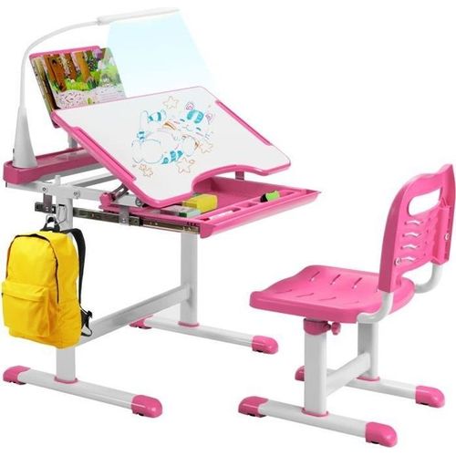 Costway Ensemble Bureau Et Chaise Pour Enfants Avec Éclairage Led, Plateau Incliné Et Tiroir Coulissant, Réglable En Hauteur, Rose