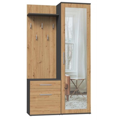 Sheila - Vestiaire D'entrée Avec Miroir - Armoire + Porte-Manteau - Rangements Chaussures - Gris&aspect Bois