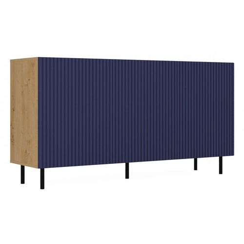 Cami - Buffet Style Glamour 3 Portes - 150x40x78 Cm - 4 Niches De Rangement - Portes À Lamelles - Bleu