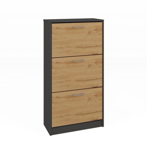 Fano - Meuble À Chaussures Style Moderne - 116x60x28 Cm - Rangement Chaussures 3 Portes 6 Niches - Meuble D'éntrée - Gris&aspect Bois