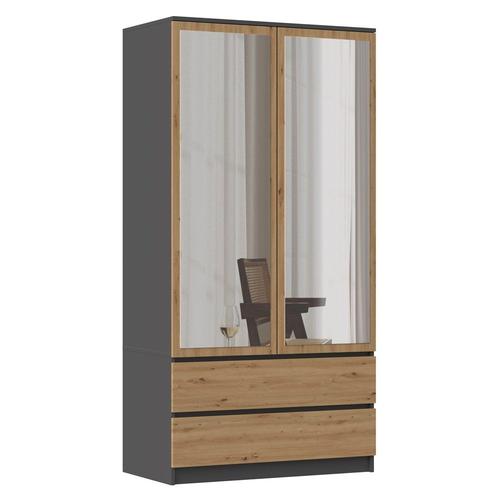 Turin - Armoire 2 Portes Avec Miroir Style Moderne Chambre À Coucher - 90x50x180 - 2 Tiroirs - Gris&aspect Bois