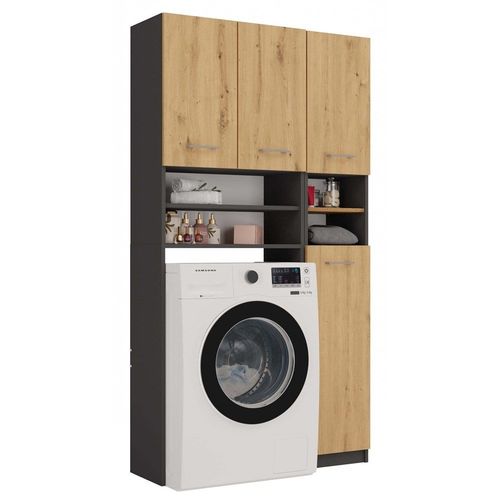 Marol - Ensemble Salle De Bain Style Moderne - 96x30x183 - 4 Portes+4 Tablettes - Gris&aspect Bois