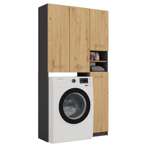 Karli - Ensemble Salle De Bain Style Moderne - 96x30x183 - 4 Portes+2 Tablettes - Gris&aspect Bois
