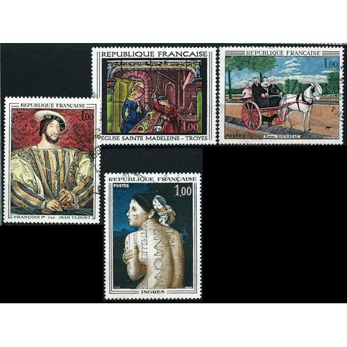 France 1967, Belle Série Complète Tableaux, Timbres Yvert 1517 Henri Rousseau, 1518 Jean Clouet, François 1er, 1530 Ingres, La Baigneuse, 1531 Vitrail De L'église Sainte Madeleine De Troyes, Obli. Tbe