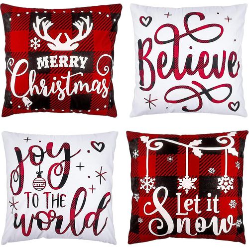 Housse De Coussin Pour Ferme D'hiver, 4 Pi¿¿Ces, D¿¿Corations ¿¿ Carreaux De Buffle Pour Vacances